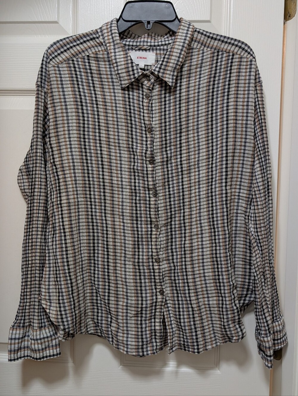 XIRENA Jace Shirt Coco Shell Size Large L Brown Confetti Check Print Button